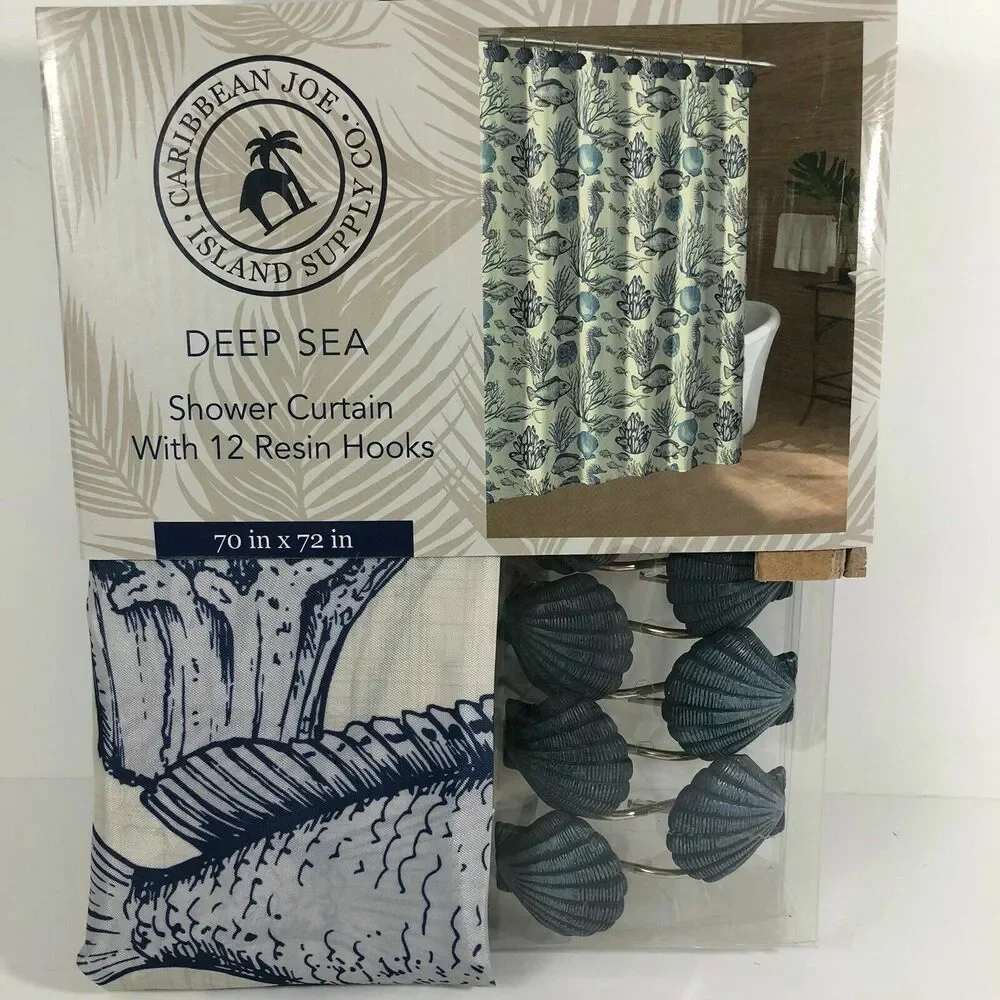 Caribbean Joe Deep Sea Seahorse Coastal Fabric Shower Curtain and 12 Shell Hooks